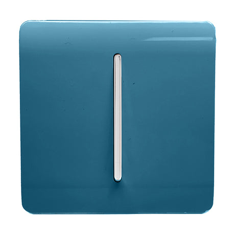 1 Gang 2 Way Light Switch in Ocean Blue with screwless square plate and chrome rocker, shown on a plain white background.