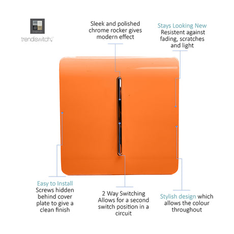 1 Gang 2 Way Light Switch in Orange, square screwless plate with vertical chrome rocker, shown on a plain white background.