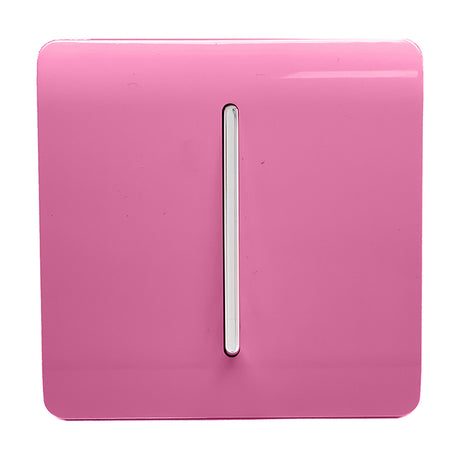 1 Gang 2 Way Light Switch in pink with a screwless square plate and vertical chrome rocker, shown on a plain white background.