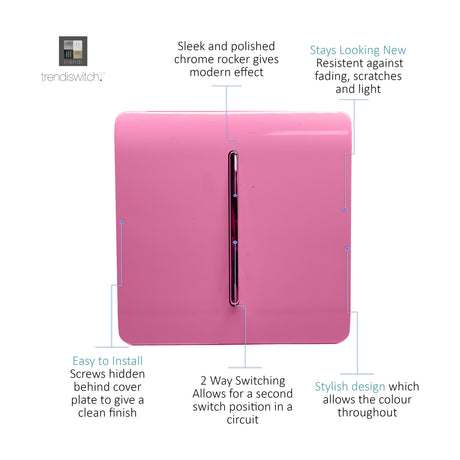 1 Gang 2 Way Light Switch in pink with screwless polycarbonate plate and chrome rocker, shown against a white background with annotated feature callouts.