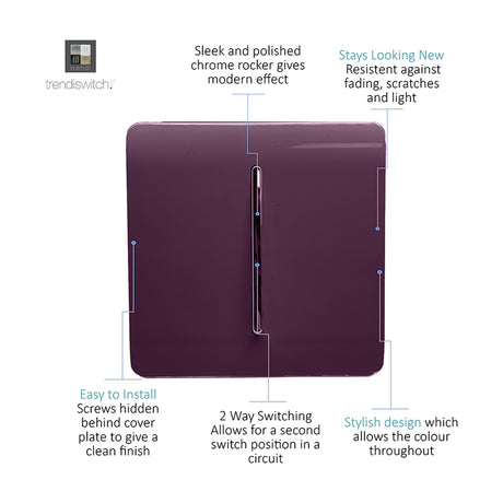 1 Gang 2 Way Light Switch in Plum with a screwless plate and vertical chrome rocker, shown on a white background with labelled feature callouts.