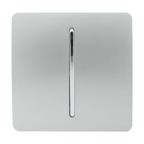 1 Gang 2 Way Light Switch in Platinum Silver, square screwless plate with a central chrome rocker, shown against a plain white background.