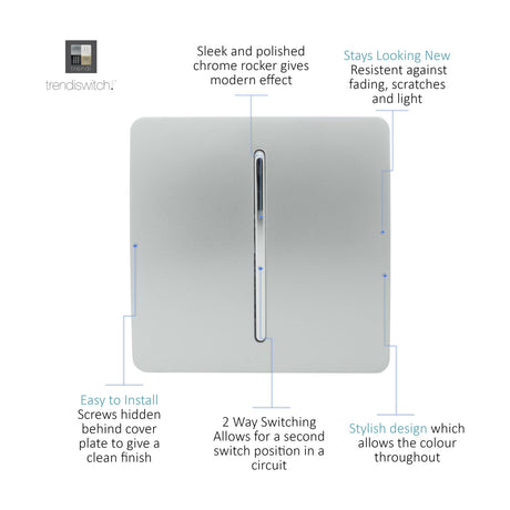1 Gang 2 Way Light Switch in Platinum Silver, screwless square plate with a slim chrome rocker at its centre, shown with feature callouts on a white background.