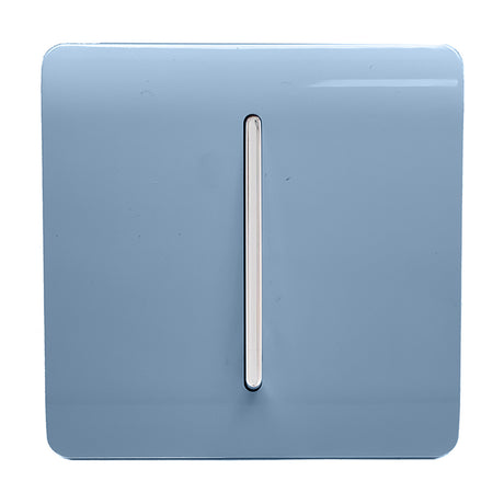 1 Gang 2 Way Light Switch in Sky Blue with a flat screwless square plate and central chrome rocker, shown against a plain white background.