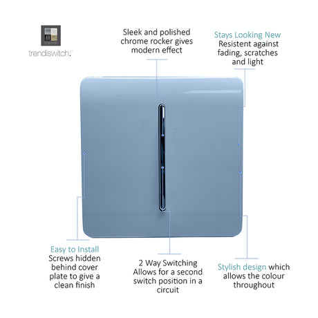 1 Gang 2 Way Light Switch in sky blue with screwless flat plate and central chrome rocker, shown on a plain white background with feature callouts.