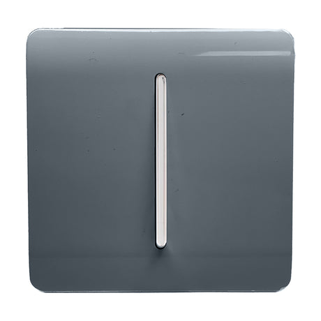 1 Gang 2 Way Light Switch in Warm Grey with a screwless flat plate and vertical chrome rocker, shown on a plain white background.