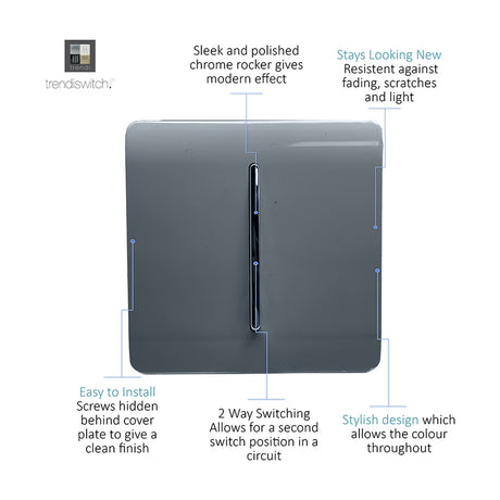 1 Gang 2 Way Light Switch in warm grey with a screwless flat plate and polished chrome rocker, shown with labelled feature callouts on a white background.
