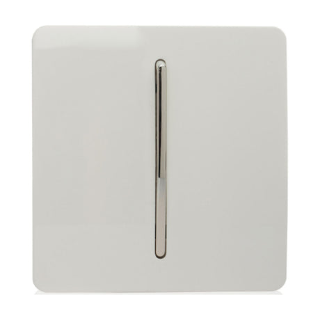 1 Gang 2 Way Light Switch in Ice White with a screwless flat plate and vertical chrome rocker, shown on a plain white background.