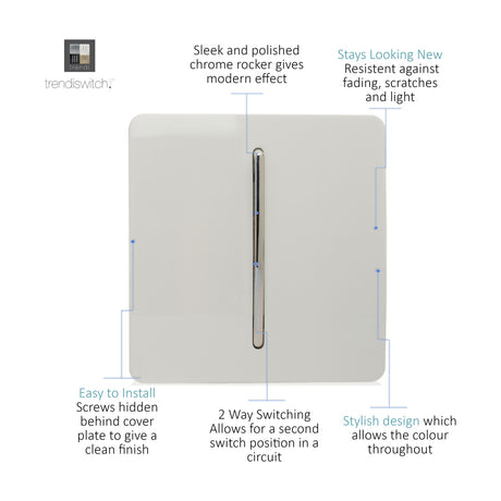 1 Gang 2 Way Light Switch in ice white with a screwless, square flat plate and polished chrome rocker, shown on a plain white background with labelled feature callouts.