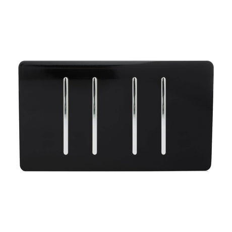4 Gang Twin 2 Way Light Switch in gloss piano black with a screwless flat plate and four vertical chrome rocker inserts, shown on a plain white background.