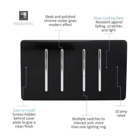 4 Gang Twin 2 Way Light Switch in gloss piano black with chrome rocker inserts, screwless flat plate, 10 amp rated, shown with feature callouts on white background.