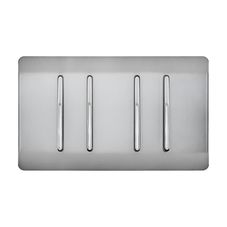 4 Gang Twin 2 Way Light Switch in brushed steel with a screwless flat plate and four chrome-edged rocker switches, shown on a plain white background.