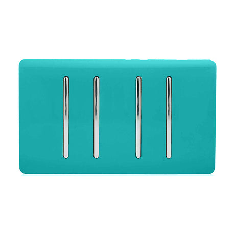 4 Gang Twin 2 Way Light Switch in bright teal with a screwless plate and four vertical chrome rocker switches, shown on a plain white background.