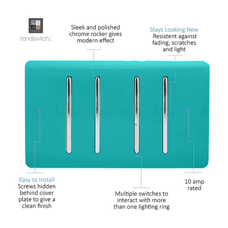 4 Gang Twin 2 Way Light Switch in bright teal with a screwless plate and four chrome rocker switches, shown on a plain white background.