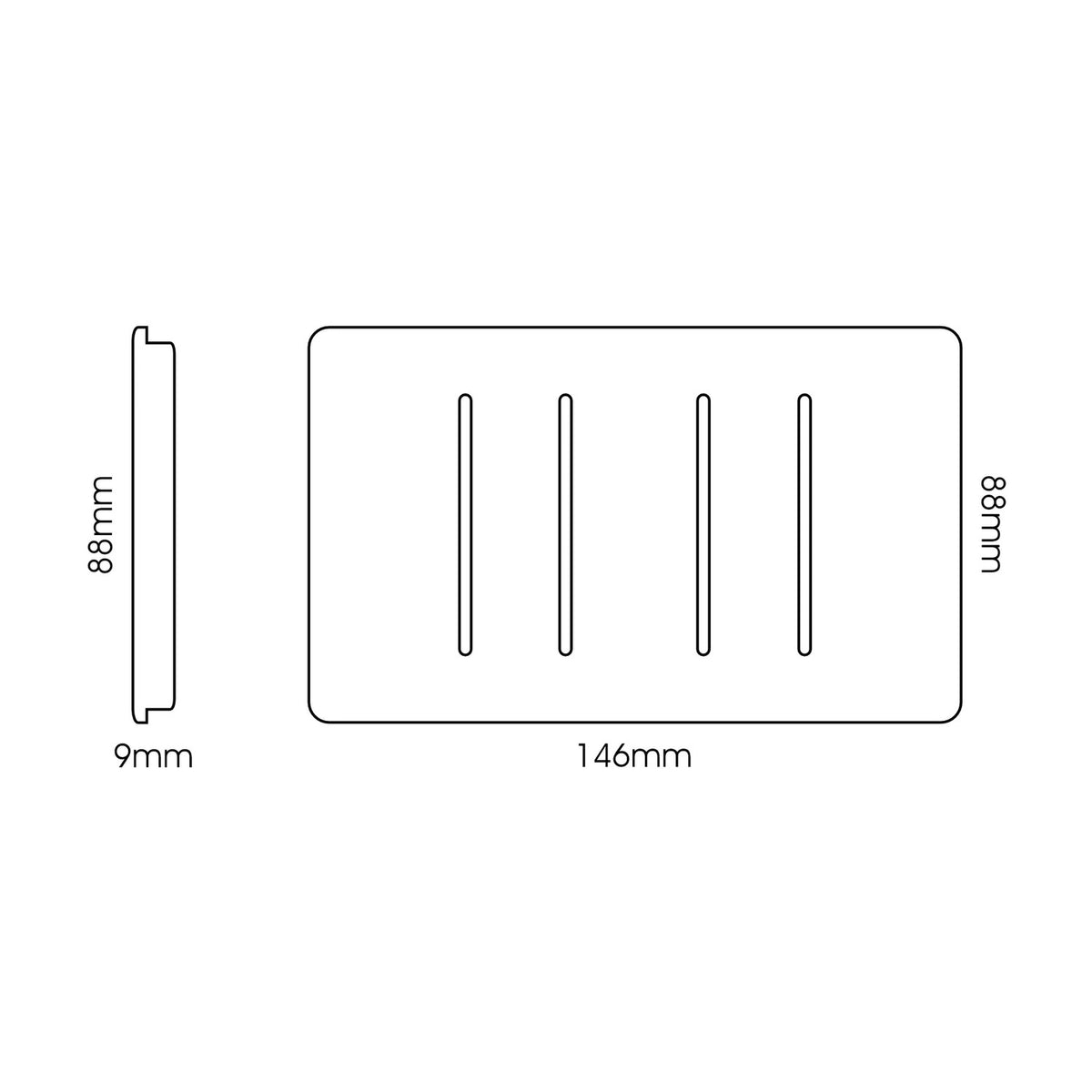 Front and side line drawing of a 4 gang twin 2 way light switch in carbon fibre, screwless plate, 146mm x 88mm x 9mm, on a white background.