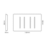 Front and side line drawing of a 4 gang twin 2 way light switch in carbon fibre, screwless plate, 146mm x 88mm x 9mm, on a white background.