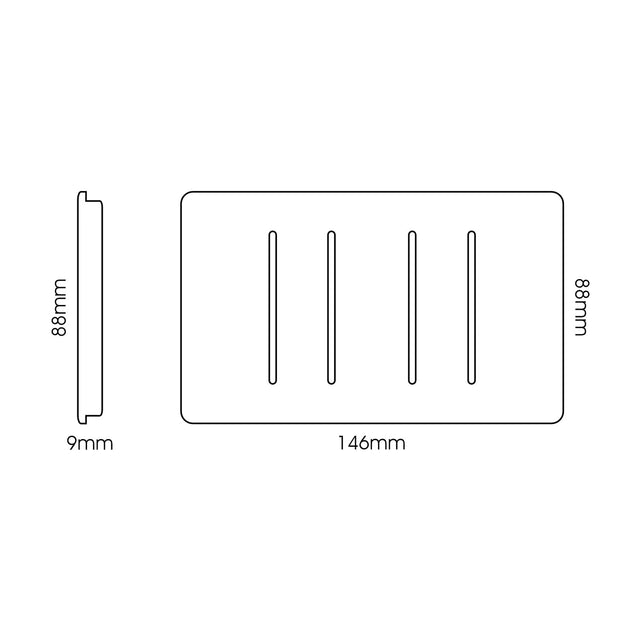Front and side line drawing of a 4 gang twin 2 way light switch in carbon fibre, screwless plate, 146mm x 88mm x 9mm, on a white background.