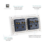 Rear view of a 4 gang 2 way light switch backplate showing two dual terminal modules with brass screw connectors, captive screws, and a white mounting frame with labelled callouts.
