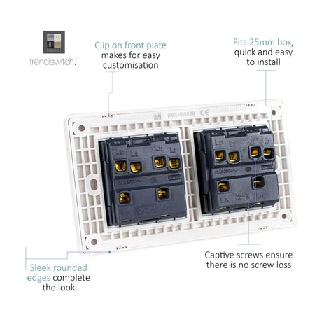 Rear view of a 4 gang 2 way light switch backplate showing two dual terminal modules with brass screw connectors, captive screws, and a white mounting frame with labelled callouts.