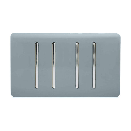 4 Gang Twin 2 Way Light Switch in cool grey with a screwless plate and four chrome rocker inserts, shown on a plain white background.