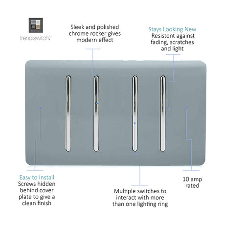 4 Gang Twin 2 Way Light Switch in cool grey, screwless plate with four chrome rocker inserts, 10 amp rated, shown on a white background.