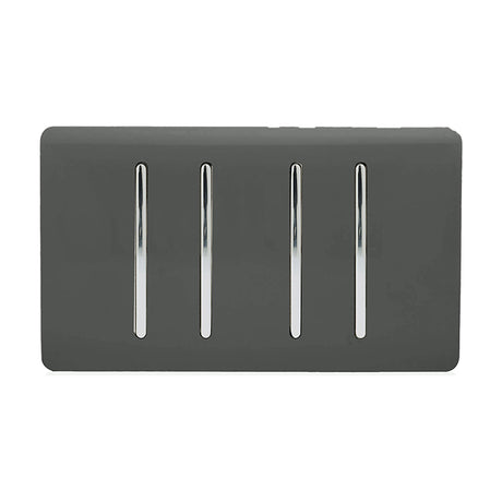 4 Gang Twin 2 Way Light Switch in charcoal with a screwless plate and four vertical chrome-insert rockers, shown on a plain white background.