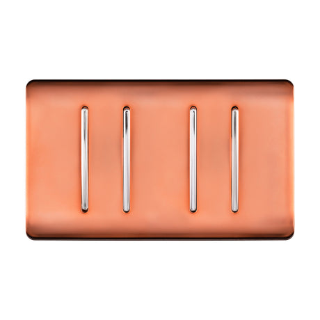 4 Gang Twin 2 Way Light Switch in copper with a flat screwless plate and four vertical chrome rockers, shown on a plain white background.