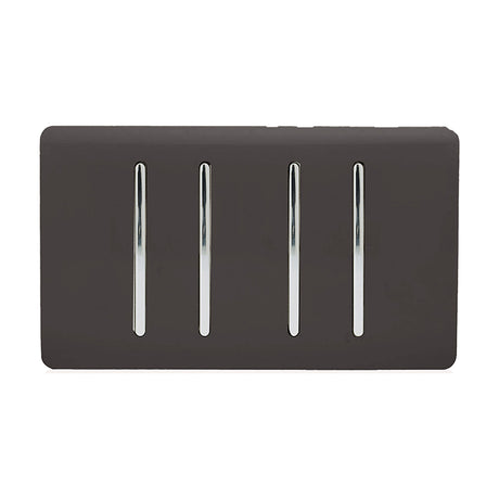 4 Gang Twin 2 Way Light Switch in dark brown with a screwless plate and four vertical chrome rocker switches, shown on a plain white background.