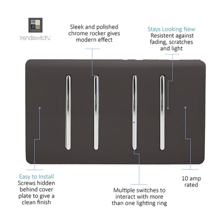 4 Gang Twin 2 Way Light Switch in dark brown with screwless plate and four chrome rockers, shown on a white background with feature callouts.