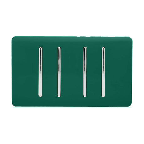 4 Gang Twin 2 Way Light Switch in dark green with four vertical chrome rocker inserts on a screwless plate, shown on a plain white background.