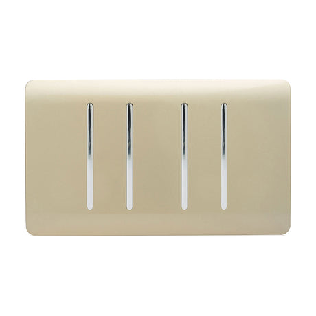 4 Gang Twin 2 Way Light Switch in champagne gold with four vertical chrome rocker switches on a screwless flat plate, shown on a plain white background.