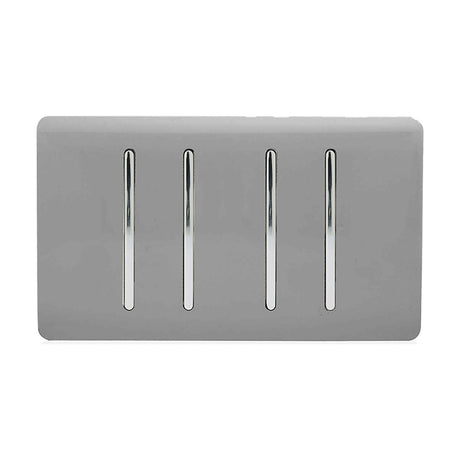 4 Gang Twin 2 Way Light Switch in light grey with four vertical rocker switches and chrome inserts on a screwless plate, shown on a plain white background.