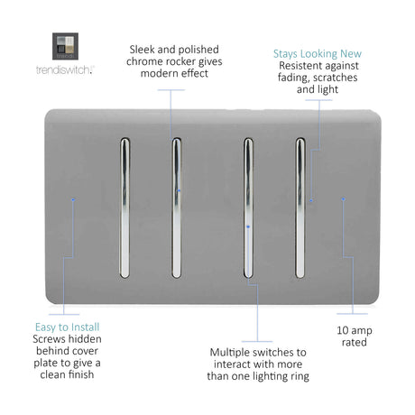 4 Gang Twin 2 Way Light Switch in light grey with four chrome rocker switches on a screwless flat plate, shown on a white background.