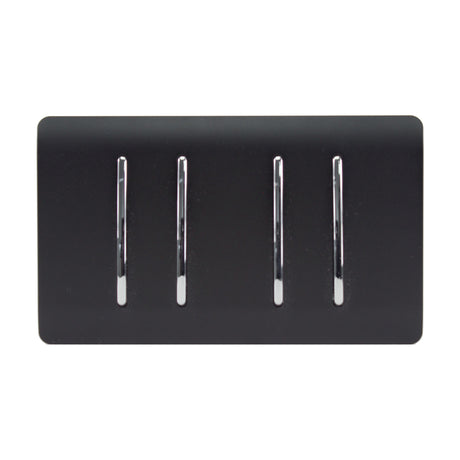 4 Gang Twin 2 Way Light Switch in matt black with four vertical chrome rocker inserts on a screwless rectangular plate, shown on a plain white background.