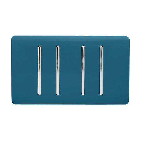 4 Gang Twin 2 Way Light Switch in midnight blue with a screwless plate and four chrome rocker inserts, shown on a plain white background.