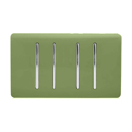 4 Gang Twin 2 Way Light Switch in moss green with a screwless plate and four vertical chrome rocker levers, shown on a plain white background.