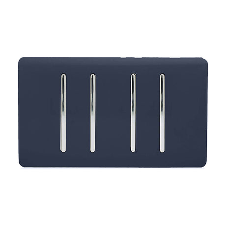 4 Gang Twin 2 Way Light Switch in navy blue with a screwless plate and four chrome rocker switches, shown on a plain white background.