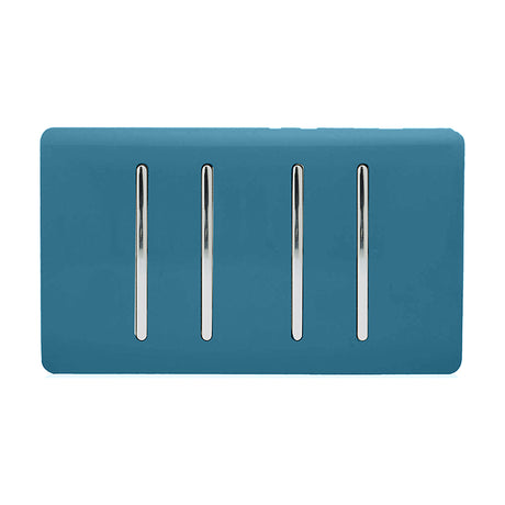 4 Gang Twin 2 Way Light Switch in Ocean Blue, screwless polycarbonate plate with four chrome rocker switches, shown on a plain white background.