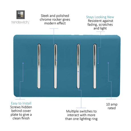 4 Gang Twin 2 Way Light Switch in Ocean Blue, screwless plate with four chrome rockers, 10A rated, on a plain white background.