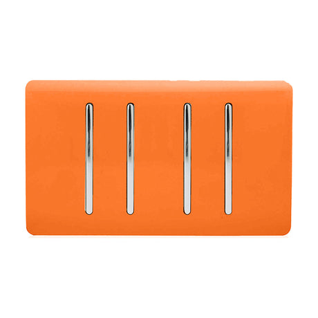 4 Gang Twin 2 Way Light Switch in orange with four chrome rocker inserts on a screwless plate, shown on a plain white background.
