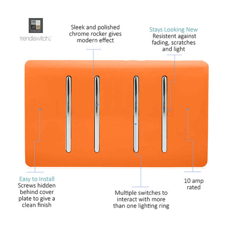 4 Gang Twin 2 Way Light Switch in orange with four chrome rocker switches on a screwless plate, shown with feature callouts on a white background.