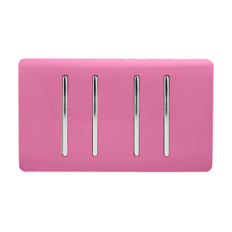4 Gang Twin 2 Way Light Switch in pink, screwless plate with four vertical rocker switches in chrome surrounds, shown on a plain white background.