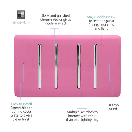 4 Gang Twin 2 Way Light Switch in pink with screwless plate and four chrome rocker switches, shown on a plain white background.
