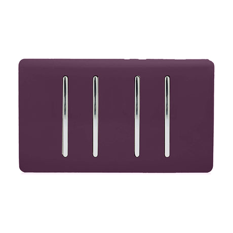 4 Gang Twin 2 Way Light Switch in plum with four chrome rocker switches on a screwless plate, shown on a plain white background.
