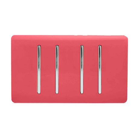 4 Gang Twin 2 Way Light Switch in strawberry pink with chrome rocker switches on a screwless plate, shown on a plain white background.