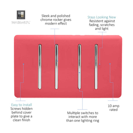 4 Gang Twin 2 Way Light Switch in strawberry with chrome rockers on a screwless plate, 10 amp rated, shown on a plain white background.