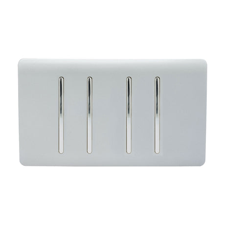 4 Gang Twin 2 Way Light Switch in platinum silver with four vertical chrome-edged rockers on a screwless flat plate, shown on a plain white background.