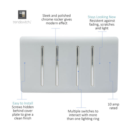 4 Gang Twin 2 Way Light Switch in Platinum Silver with four chrome-ringed rockers on a screwless plate, shown against a white background with feature callouts.