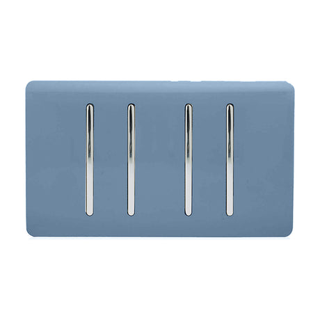 4 Gang Twin 2 Way Light Switch in sky blue with a screwless plate and four vertical chrome rockers, shown on a plain white background.