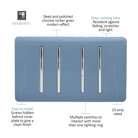 4 Gang Twin 2 Way Light Switch in sky blue with four chrome rockers on a screwless plate, shown on a white background with feature callouts.